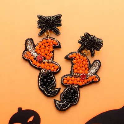 Fashnzfab Felt Back Multi Beaded Witch Hat Broom Dangle Earrings - Orange