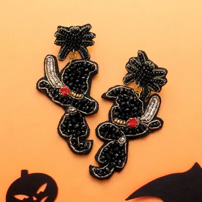 Fashnzfab Felt Back Multi Beaded Witch Hat Broom Dangle Earrings In Black
