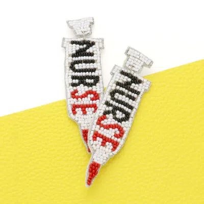 Fashnzfab Felt Back Nurse Message Seed Beaded Syringe Dangle Earrings In White