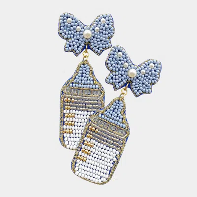 Fashnzfab Felt Back Pearl Beaded Bow Baby Bottle Dangle Earrings In Blue