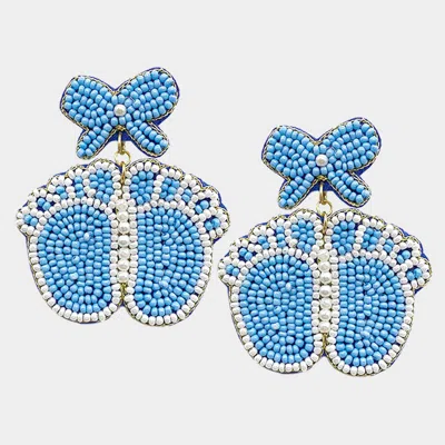 Fashnzfab Felt Back Pearl Beaded Bow Baby Foot Dangle Earrings In Blue