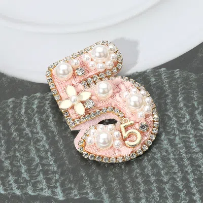 Fashnzfab Felt Back Pearl Enamel Flower Embellished Tweed Number Five Pin Brooch In Pink