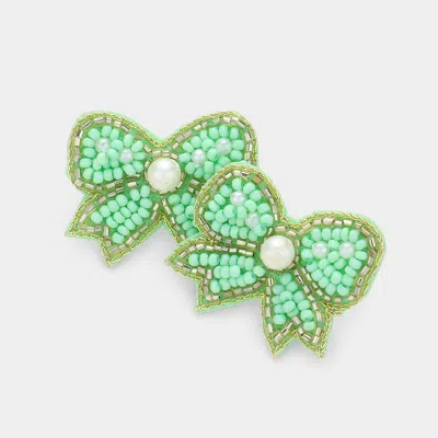 Fashnzfab Felt Back Pearl Seed Beaded Bow Earrings - Mint In Green