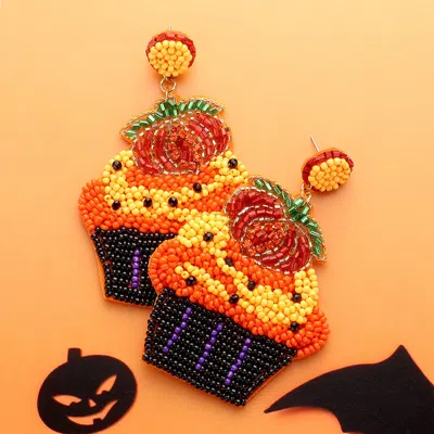 Fashnzfab Felt Back Pumpkin Muffin Beaded Dangle Earrings In Brown