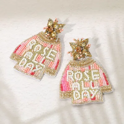 Fashnzfab Felt Back "rose All Day" Message T-shirt Beaded Dangle Earrings In Pink