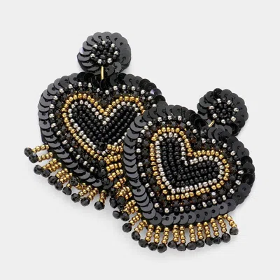 Fashnzfab Felt Back Seed Bead Sequin Heart Earrings - Black In Blue