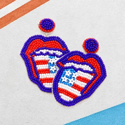 Fashnzfab Felt Back Seed Beaded American Usa Flag Tongue Out Mouth Dangle Earrings In Multi