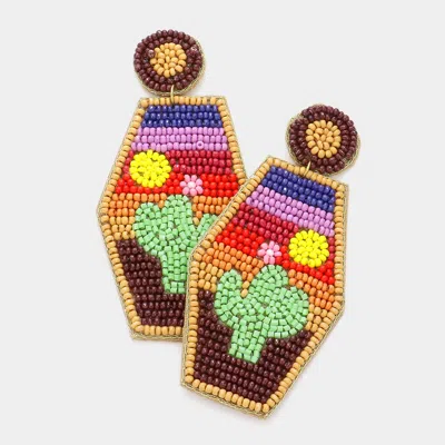 Fashnzfab Felt Back Seed Beaded Cactus Accented Dangle Earrings In Multi