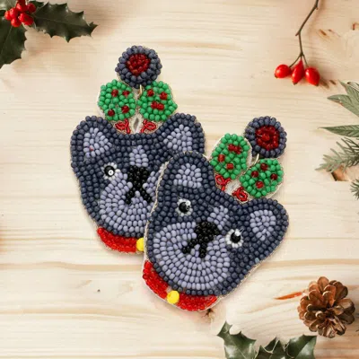 Fashnzfab Felt Back Seed Beaded Christmas Tree Bulldog Dangle Earrings In Gray