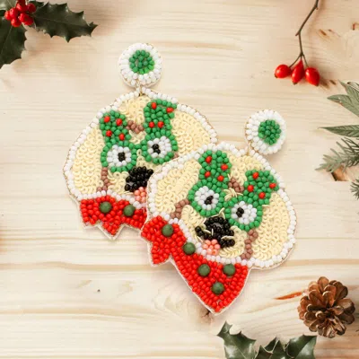 Fashnzfab Felt Back Seed Beaded Christmas Tree Glasses Dog Dangle Earrings In Green
