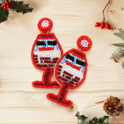 Fashnzfab Felt Back Seed Beaded Christmas Wine Dangle Earrings In Red