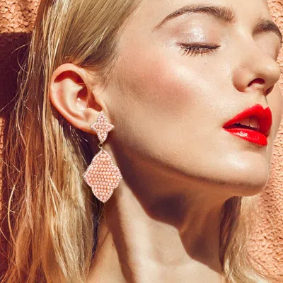 Fashnzfab Felt Back Seed Beaded Double Petal Link Dangle Earrings In Pink