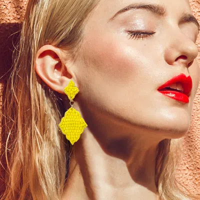 Fashnzfab Felt Back Seed Beaded Double Petal Link Dangle Earrings In Yellow