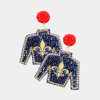 Fashnzfab Felt Back Seed Beaded Fleur De Lis Top Dangle Earrings - Blue