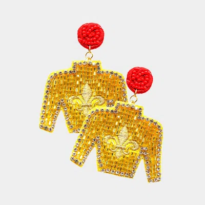 Fashnzfab Felt Back Seed Beaded Fleur De Lis Top Dangle Earrings - Gold