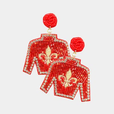 Fashnzfab Felt Back Seed Beaded Fleur De Lis Top Dangle Earrings In Red