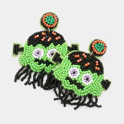 Fashnzfab Felt Back Seed Beaded Frankenstein Dangle Earrings In Green