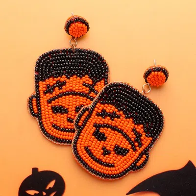 Fashnzfab Felt Back Seed Beaded Frankenstein Dangle Earrings In Orange