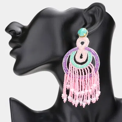 Fashnzfab Felt Back Seed Beaded Fringe Dangle Earrings In Pink