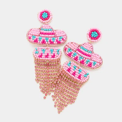 Fashnzfab Felt Back Seed Beaded Hat Rhinestone Fringe Dangle Earrings In Pink