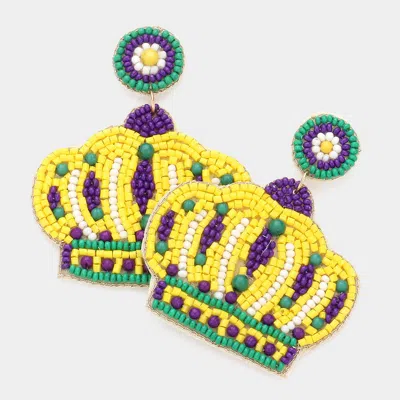 Fashnzfab Felt Back Seed Beaded Mardi Gras Crown Dangle Earrings In Yellow