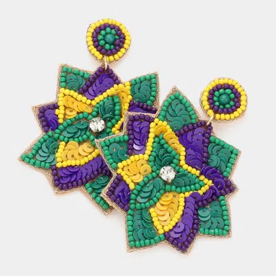 Fashnzfab Felt Back Seed Beaded Mardi Gras Flower Dangle Earrings In Multi