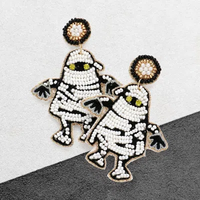 Fashnzfab Felt Back Seed Beaded Mummy Dangle Earrings In White