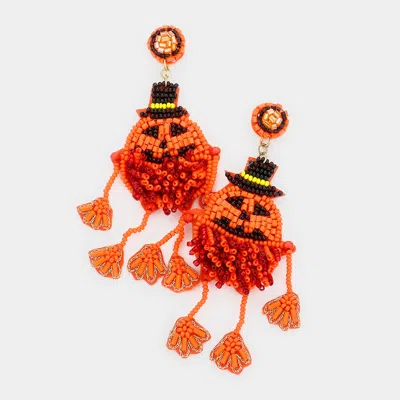 Fashnzfab Felt Back Seed Beaded Pumpkin Dangle Earrings - Orange