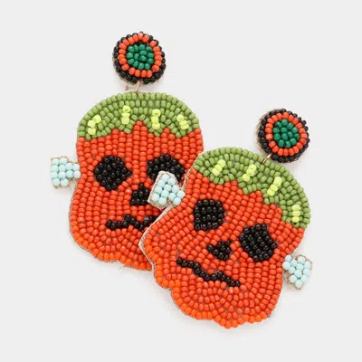 Fashnzfab Felt Back Seed Beaded Pumpkin Frankenstein Dangle Earrings In Red