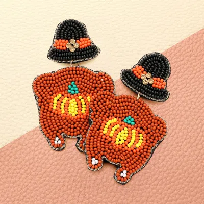 Fashnzfab Felt Back Seed Beaded Pumpkin Pointed Turkey Dangle Earrings In Red