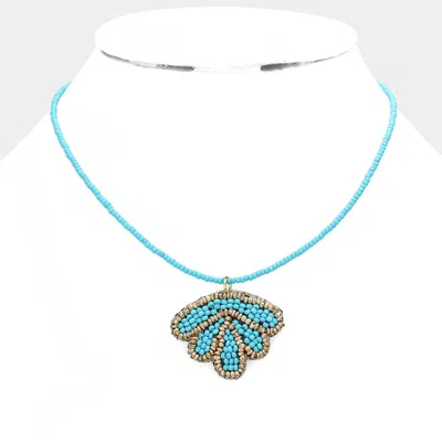 Fashnzfab Felt Back Seed Beaded Shell Pendant Necklace In Blue