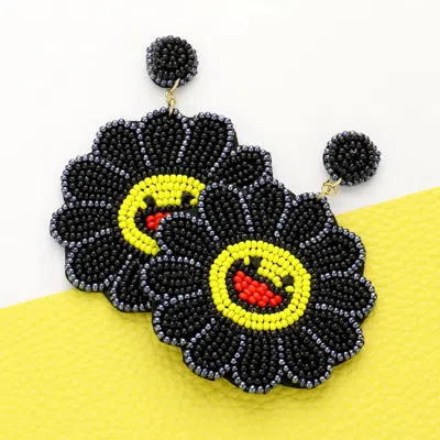 Fashnzfab Felt Back Seed Beaded Smile Flower Dangle Earrings In Black