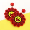 Fashnzfab Felt Back Seed Beaded Smile Flower Dangle Earrings In Red