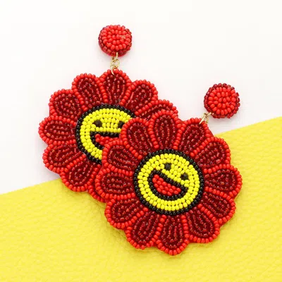 Fashnzfab Felt Back Seed Beaded Smile Flower Dangle Earrings In Red