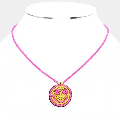 Fashnzfab Felt Back Seed Beaded Smile Pendant Necklace In Pink