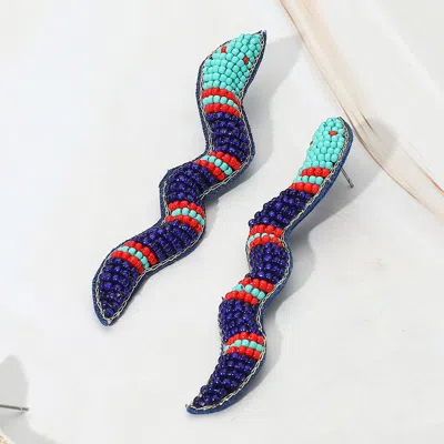 Fashnzfab Felt Back Seed Beaded Snake Earrings - Blue In Multi