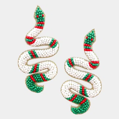 Fashnzfab Felt Back Seed Beaded Snake Earrings In Green