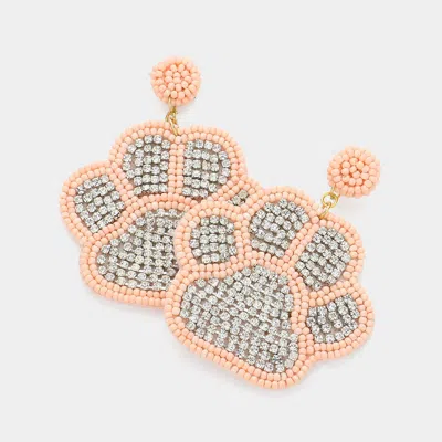 Fashnzfab Felt Back Seed Beaded Trimmed Bling Paw Dangle Earrings - Pink