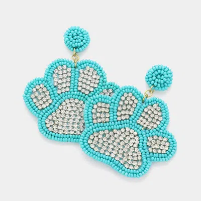 Fashnzfab Felt Back Seed Beaded Trimmed Bling Paw Dangle Earrings In Blue
