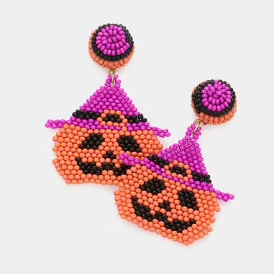 Fashnzfab Felt Back Seed Beaded Witch Hat Pumpkin Dangle Earrings - Orange