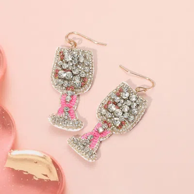 Fashnzfab Felt Back Sequin Pink Ribbon Pointed Stone Wine Dangle Earrings In Metallic