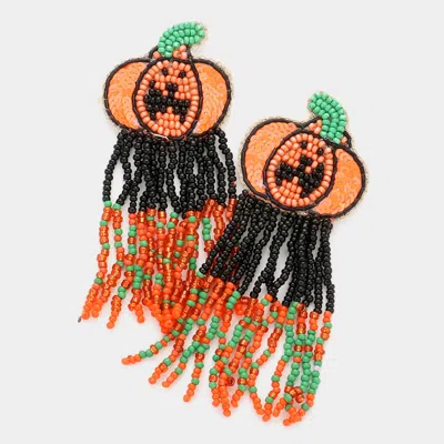 Fashnzfab Felt Back Sequin Pumpkin Seed Beaded Fringe Dangle Earrings In Orange