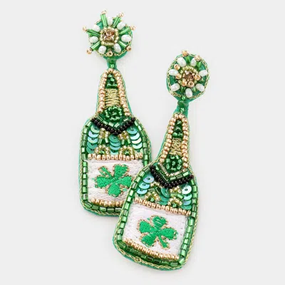 Fashnzfab Felt Back Sequin St Patrick's Day Clover Accented Champagne Beer Dangle Earrings In Green