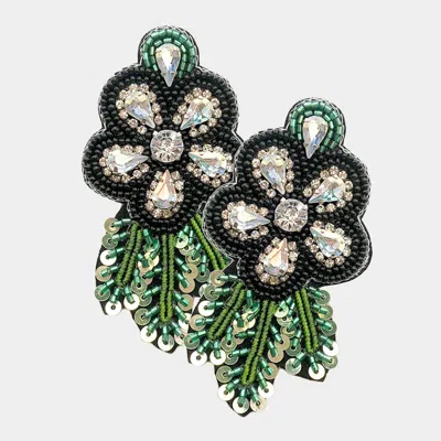 Fashnzfab Felt Back Sequin Stone Embellished Seed Beaded Flower Leaf Earrings - Black