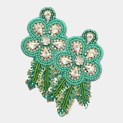 Fashnzfab Felt Back Sequin Stone Embellished Seed Beaded Flower Leaf Earrings In Blue