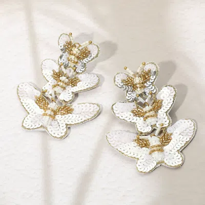 Fashnzfab Felt Back Sequin Triple Butterfly Link Dangle Earrings In Silver
