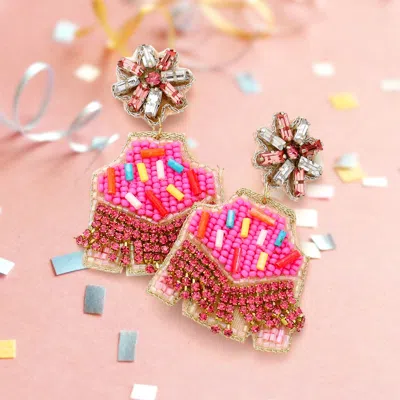 Fashnzfab Felt Back Stone Beaded Birthday Sweater Dangle Earrings In Pink