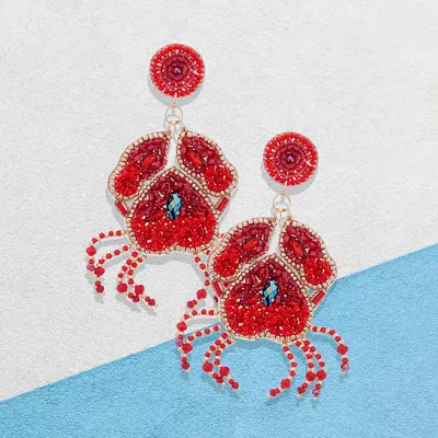 Fashnzfab Felt Back Stone Beaded Crab Dangle Earrings - Red