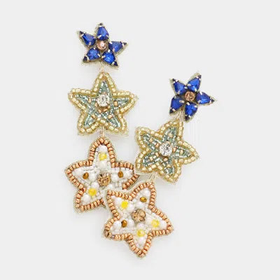 Fashnzfab Felt Back Stone Beaded Triple Star Link Dangle Earrings In Blue