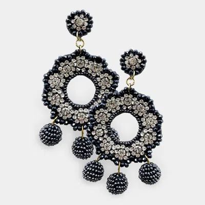 Fashnzfab Felt Back Stone Embellished Floral Circle Triple Beaded Ball Link Dangle Earrings In Blue